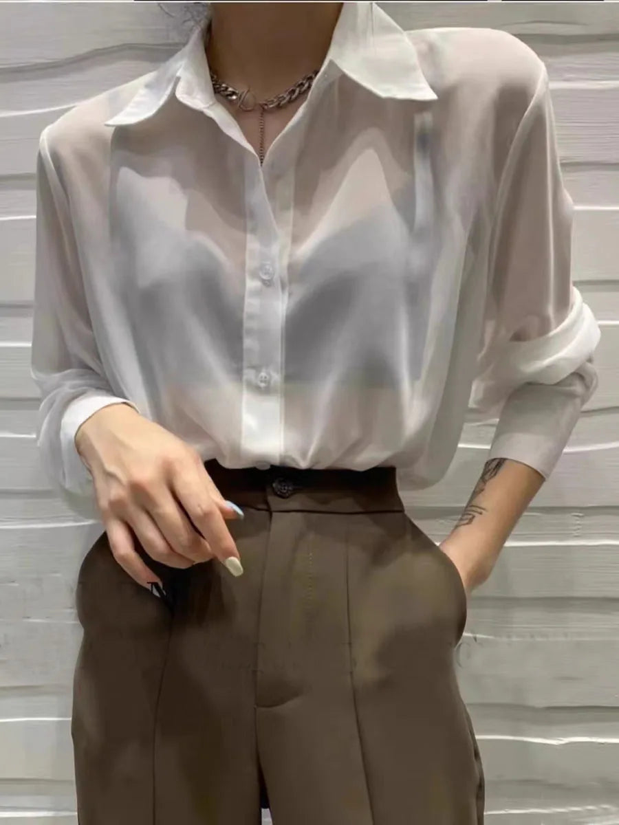Sun-proof Transparent Shirt Female Mesh Long Sleeve Top Solid Color Summer Loose Chiffon Blouse Korean Fashion Cardigan Ladies WHITE