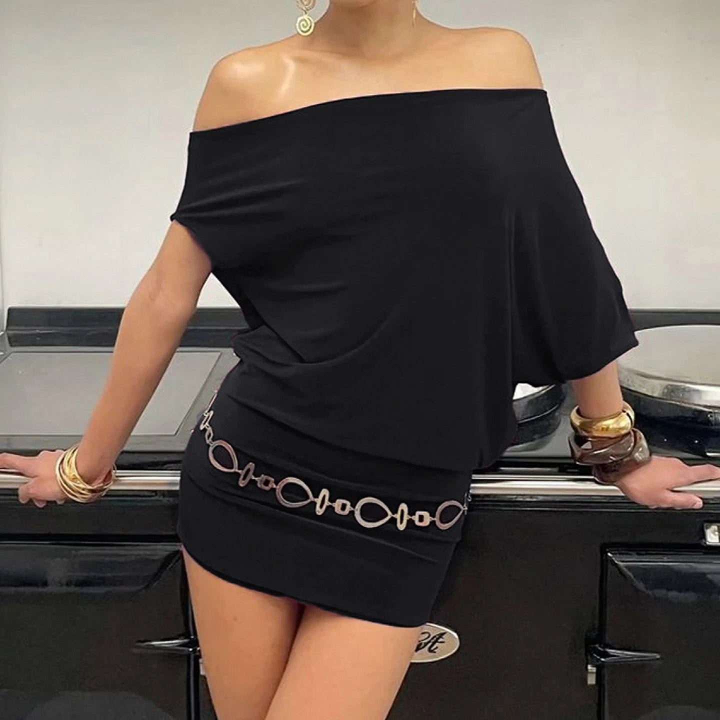 SUCHCUTE Bat Sleeve Wrap Dress Women One-Shoulder Solid Backless Bodycon Dress Evening Party Club Dress Y2K Sexy Outfits Summer black