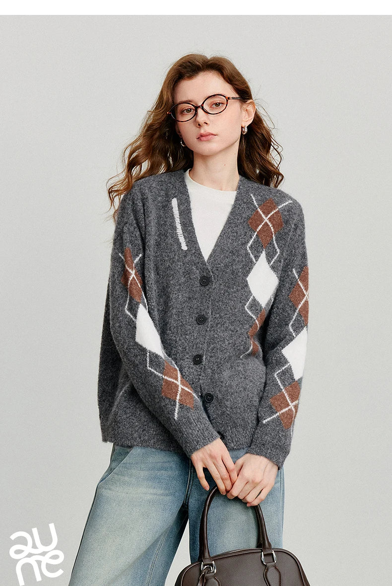 TOYOUTH Women Knitted Sweater 2025 Autumn New Grid Pattern V Neck Single Breasted Button Knitted Cardigan Coat Gray
