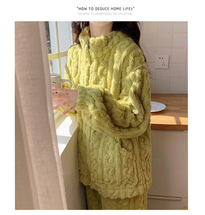 Large Size Flannel Pajamas Set Autumn Winter Female Sleepwear Trouser Suit Thicken Coral Fleece High Collar Lounge Wear Homewear