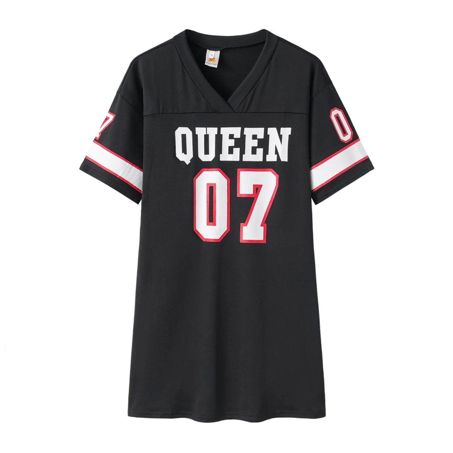 Fashion V-Neck Queen Letters Print Dress Short Sleeve Basketball Sporty Style Sexy Loose Female Clothing Streetwear Loungewear
