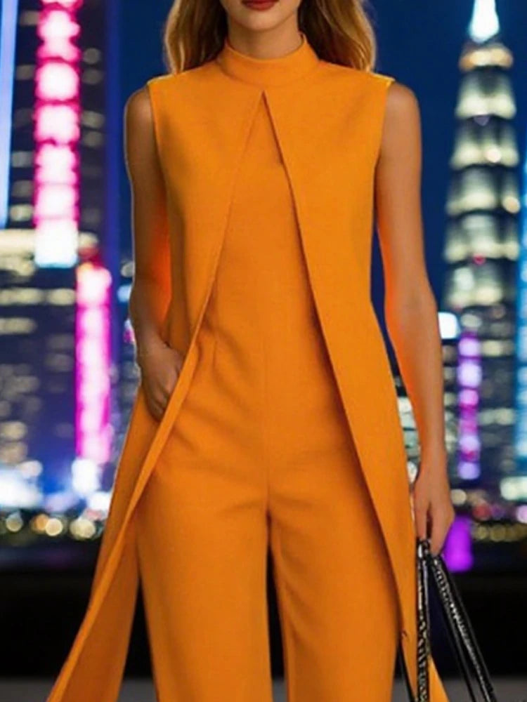 Beautyblue New Jumpsuits for Woman Fashion Solid Color Overalls Elegant Sleeveless High Waisted Pockets Orange Female Jumpsuit
