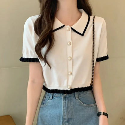 Sweet Women Shirt Korean Knitted Turn Down Collar Chic Short Sleeve Female Blouse Summer Retro Slim All Match Ladies Crop Tops white