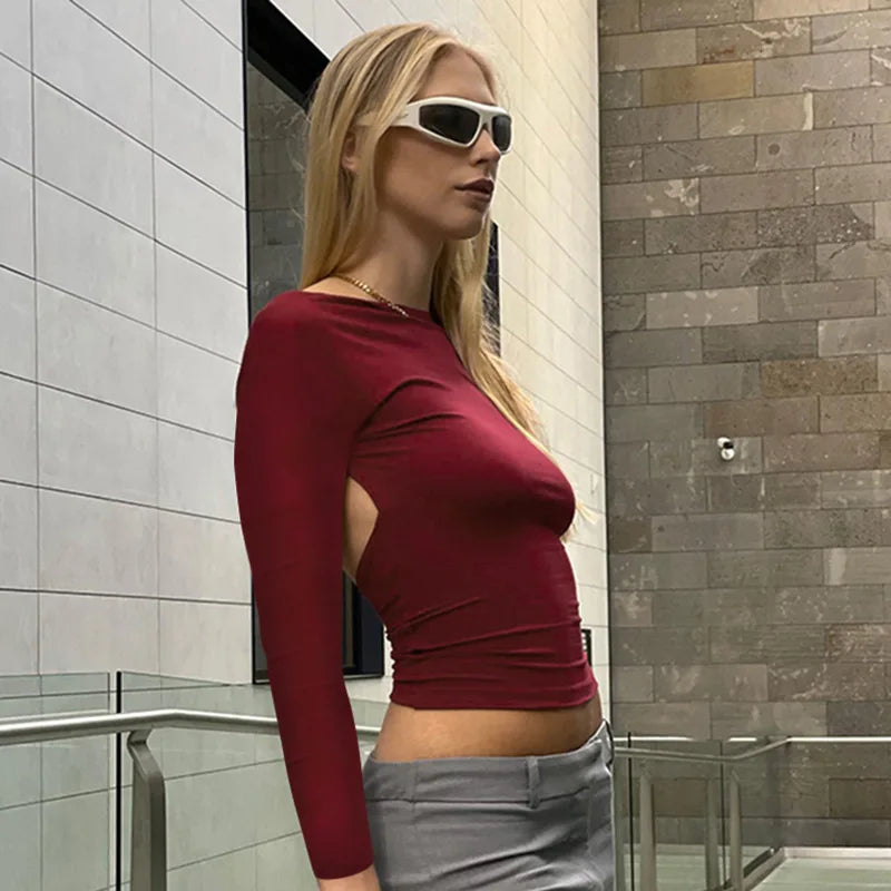 Backless Short Sleeve Blue Y2K Crop Top Women Casual O Neck Summer T Shirts Sexy Vintage Cut Out