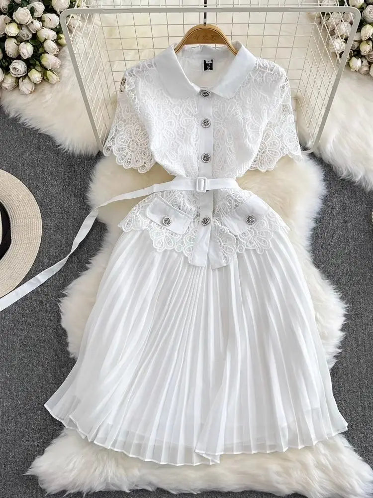 Summer Elegant Crochet Lace Patchwork Chiffon Pleated Dress Women's Short Sleeve Hollow Out Flower Buttons Belt Runway Vestidos WHITE