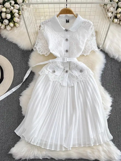 Summer Elegant Crochet Lace Patchwork Chiffon Pleated Dress Women's Short Sleeve Hollow Out Flower Buttons Belt Runway Vestidos WHITE