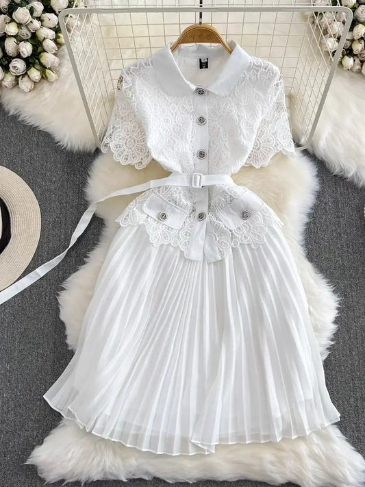 Summer Elegant Crochet Lace Patchwork Chiffon Pleated Dress Women's Short Sleeve Hollow Out Flower Buttons Belt Runway Vestidos WHITE