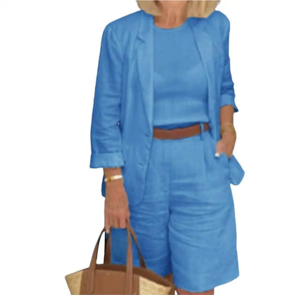 Cotton Linen Temperament Shorts Women s Suit 2 Piece Set Elastic Waist Thin Female Shorts Summer Outfit Blue