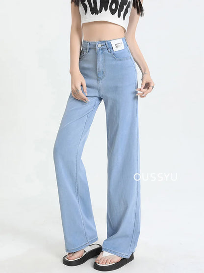 New Summer Soft Lyocell Jeans Women Blue Khaki White High Waist Straight Thin Wide Leg Denim Pants Y2k Loose Female Clothing 2XL