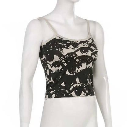 Gothic Portrait Print T-shirt Aesthetic Y2K Crop Tops Short Sleevle Vest Tees Harajuku Streetwear White Suspenders Women Clothes