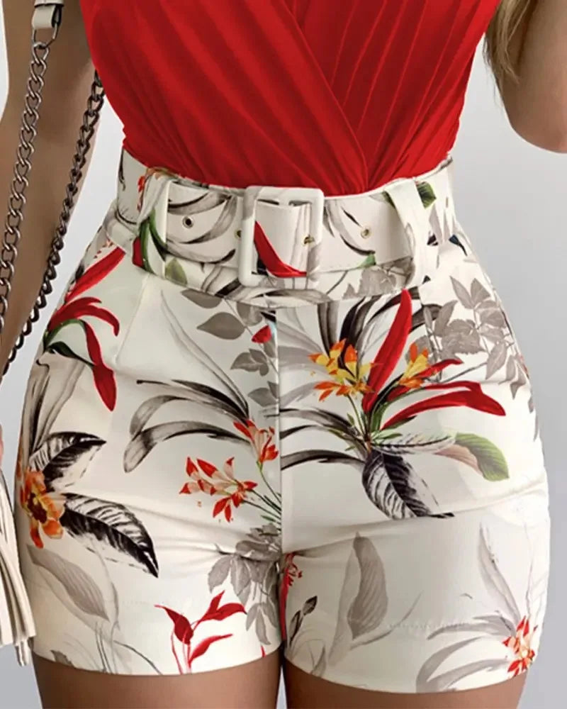 Women's Two-piece Beach Fashion Summer Suit Sexy Slim Short Top Shorts Printing Casual Suspenders Package Hips 2 Piece Set