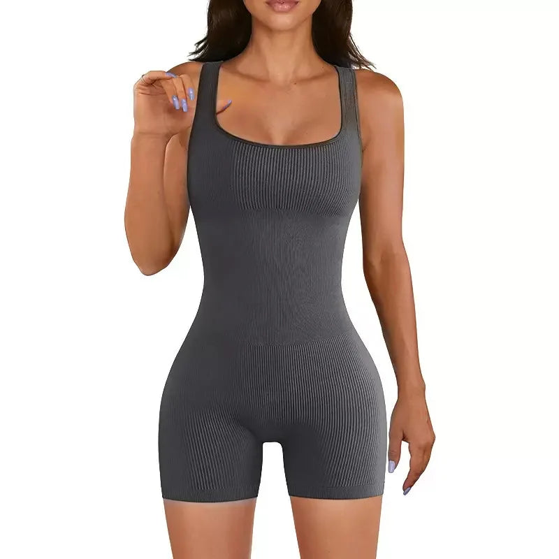 Women Seamless Yoga Jumpsuit U-Neck Sleeveless Elastic Quick Drying Fitness Sportswear One-Piece Short Yoga Clothes