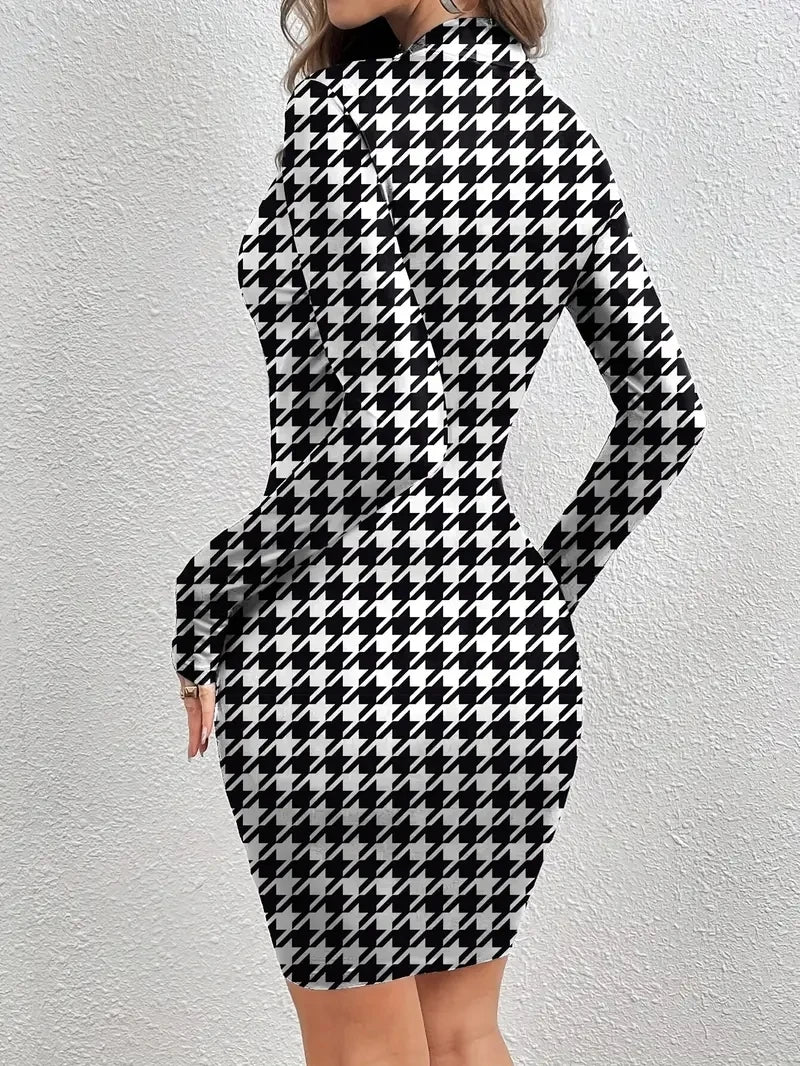 Women Fashion Stretch Knit Mini Dress Vintage High Neck Sleeveless Female Houndstooth Pattern Bodycon Dress Long Sleeve Dress Badiee Stylez