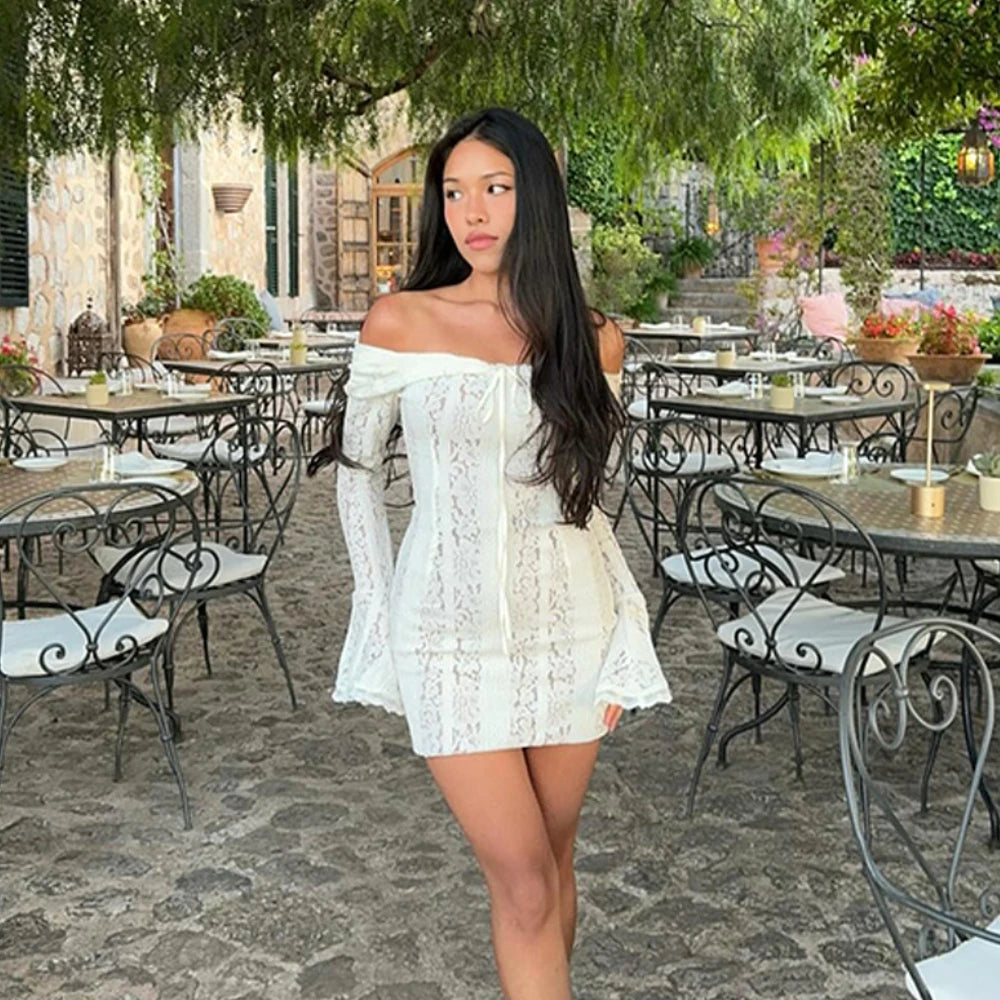 Suninheart White Off The Shoulder Autumn Bodycon Dress 2025 Long Sleeve Elegant Lace Maxi Dress Wedding Guest Dress for Women Short version