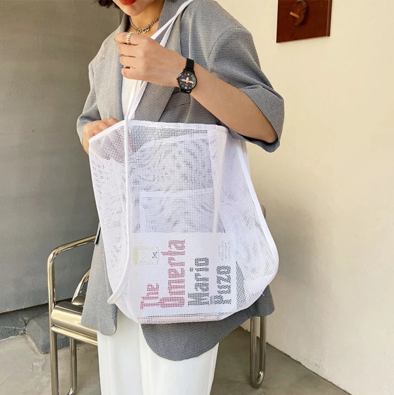 Summer Fashion Mesh Handbag Totes Hollow Out Shoulder Bags For Women Female Casual Fashion Large Capacity Shopping Pack