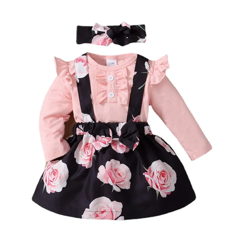 3PCS Baby Girl Dress Set Long Sleeves Bodysuit+Rose Floral Suspender Skirt+Headband Fashion Outfits for Toddlers 0-18 Months 22105186