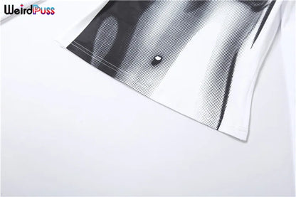 Weird Puss Sexy Print Women Crop Top Long Sleeve O Neck 2023 SpringTrend Skinny Wild Stretchy Vintage Midnight Streetwear Tees