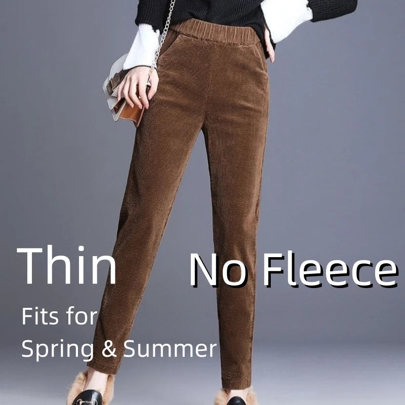 Autumn Winter Plush Thick Thin Elegant Women's Pants High Waist Fleece Pencil Pants Women Corduroy Leggings Office Lady Trousers Thin-Brown