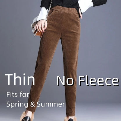 Autumn Winter Plush Thick Thin Elegant Women's Pants High Waist Fleece Pencil Pants Women Corduroy Leggings Office Lady Trousers Thin-Brown