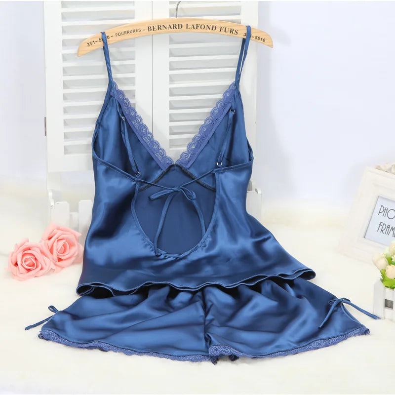 Black Pajamas Suit Lace Up Cami&shorts Set 2Pcs Satin Home Clothes Lady Sexy Lingerie Sleepwear Loungewear Plus Size 3Xl