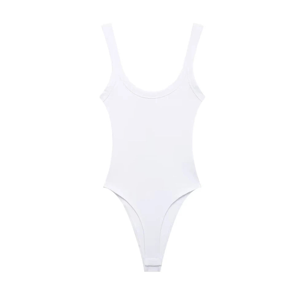 TRZA-Skinny Ribbed Bodysuits for Women, O Neck, Straps, Snap-Button, Female Playsuits, Sexy Fashion as picture 2