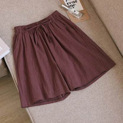2024 Women Cotton Shorts,Summer Casual Solid Two Pockets shorts high waist loose shorts for girls Soft Cool female shorts Coffee