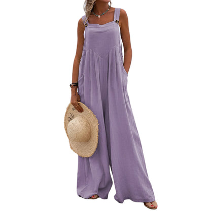 Overalls Women Summer Jumpsuit Outfits Plus Size Solid Color Casual Button Wide Leg Suspender Pants Overalls with Pockets PURPLE