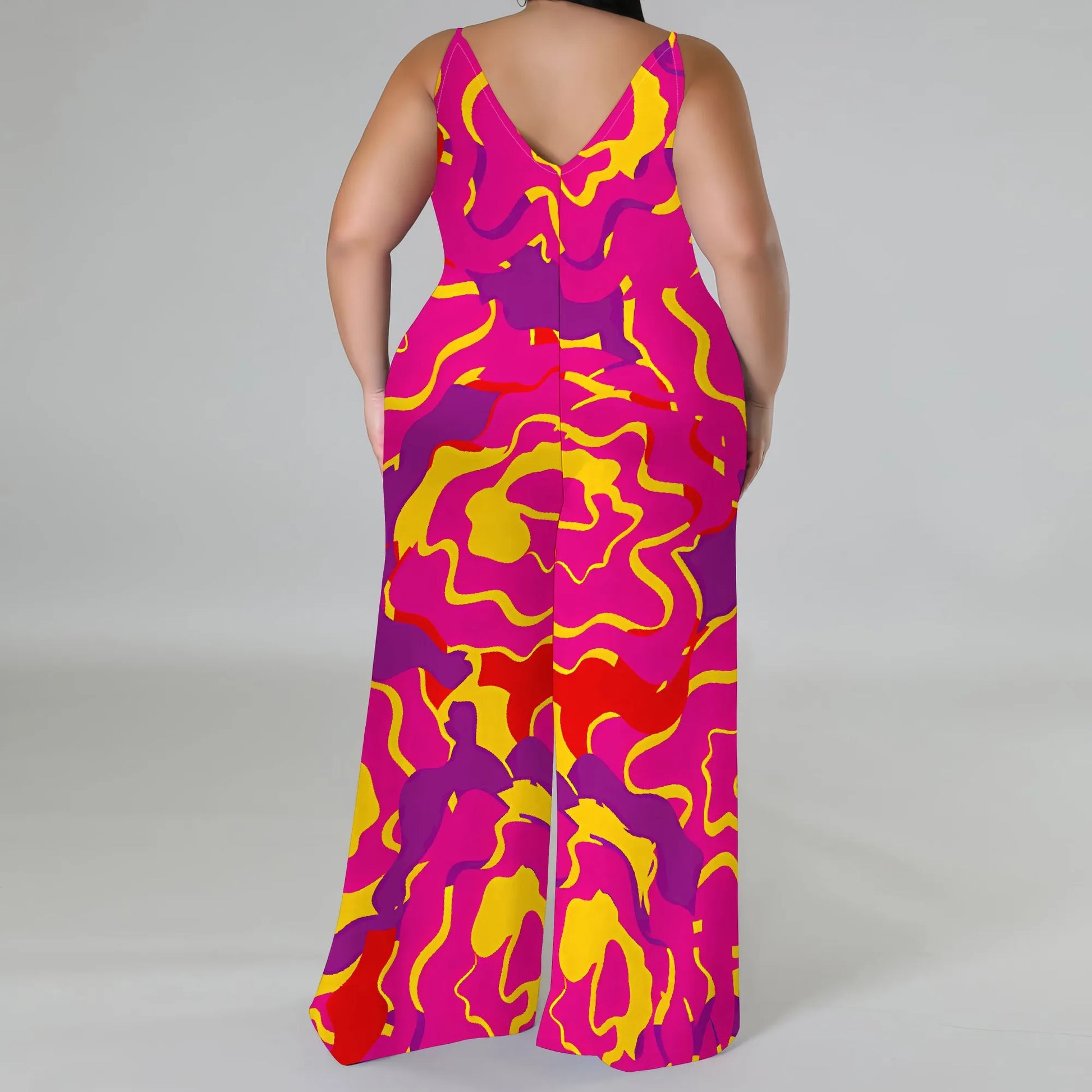 Plus Size Spaghetti Strap Jumpsuit Pink Yellow Abstract Print Wide Leg Summer Romper for Women