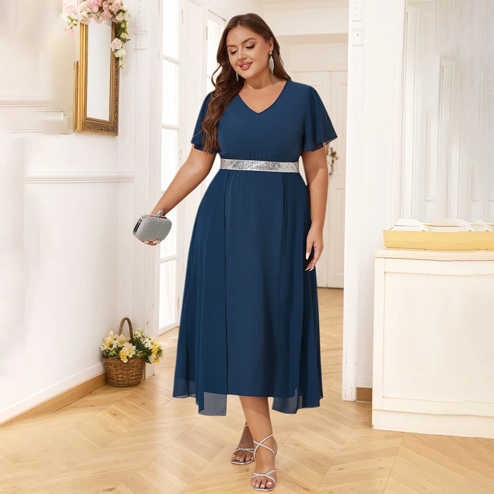 Plus Size Womens Elegant Butterfly Sleeve Sequin V-Neck Midi Dress Ladies Party Cocktail Evening Banquet Ball Gown Size 0XL-5XL