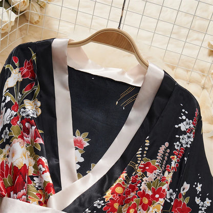 Japanese Sexy Print Kimono Slim Fit V-Neck Nightgown Loose Petal Sleeves Women's Erotic Lingerie Mini Irregular Patchwork Dress