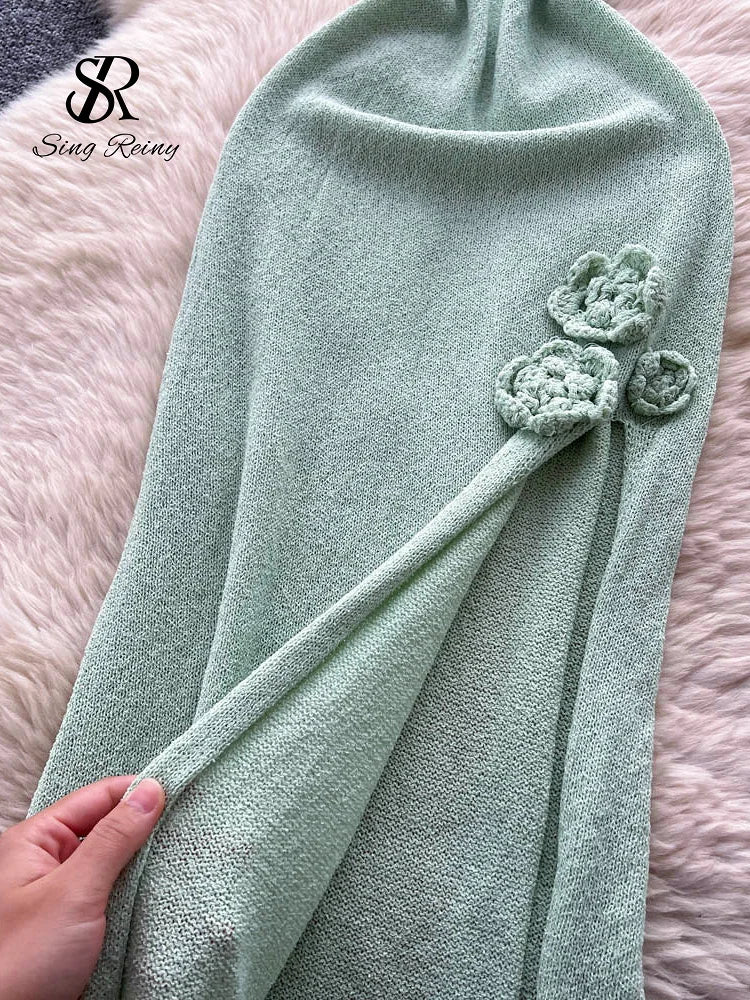 SINGREINY Halter 3D Floral Maxi Sundress Women Sleeveless Bodycon Elastic Beach Dress Vacation Knitted Split Sexy Long Dress