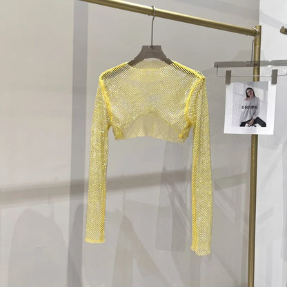 2023 new sexy bright diamond short top Slim thin Ms. hot drill long-sleeved T-shirt sexy leak waist nightclub yellow One Size
