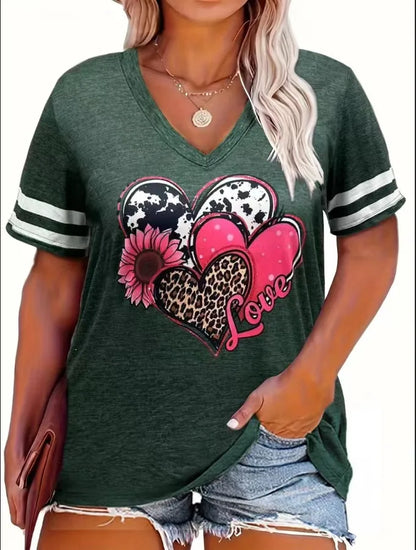 2024 Plus Size Spring/Summer New Love Print Casual Fashion Women's V-Neck Short-Sleeved Loose T-Shirt 5XL 6XL green