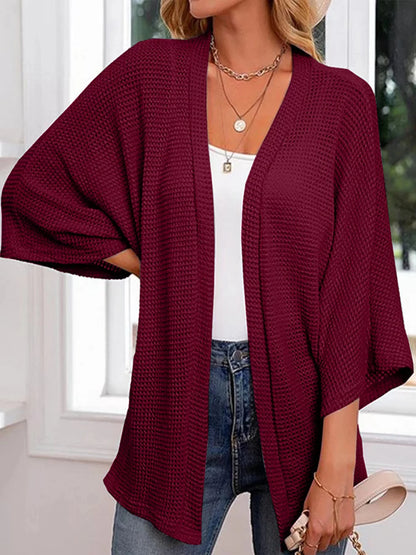 Oversized casual cardigan, women's plus size waffle knit cardigan with three-quarter length sleeves YD63 1
