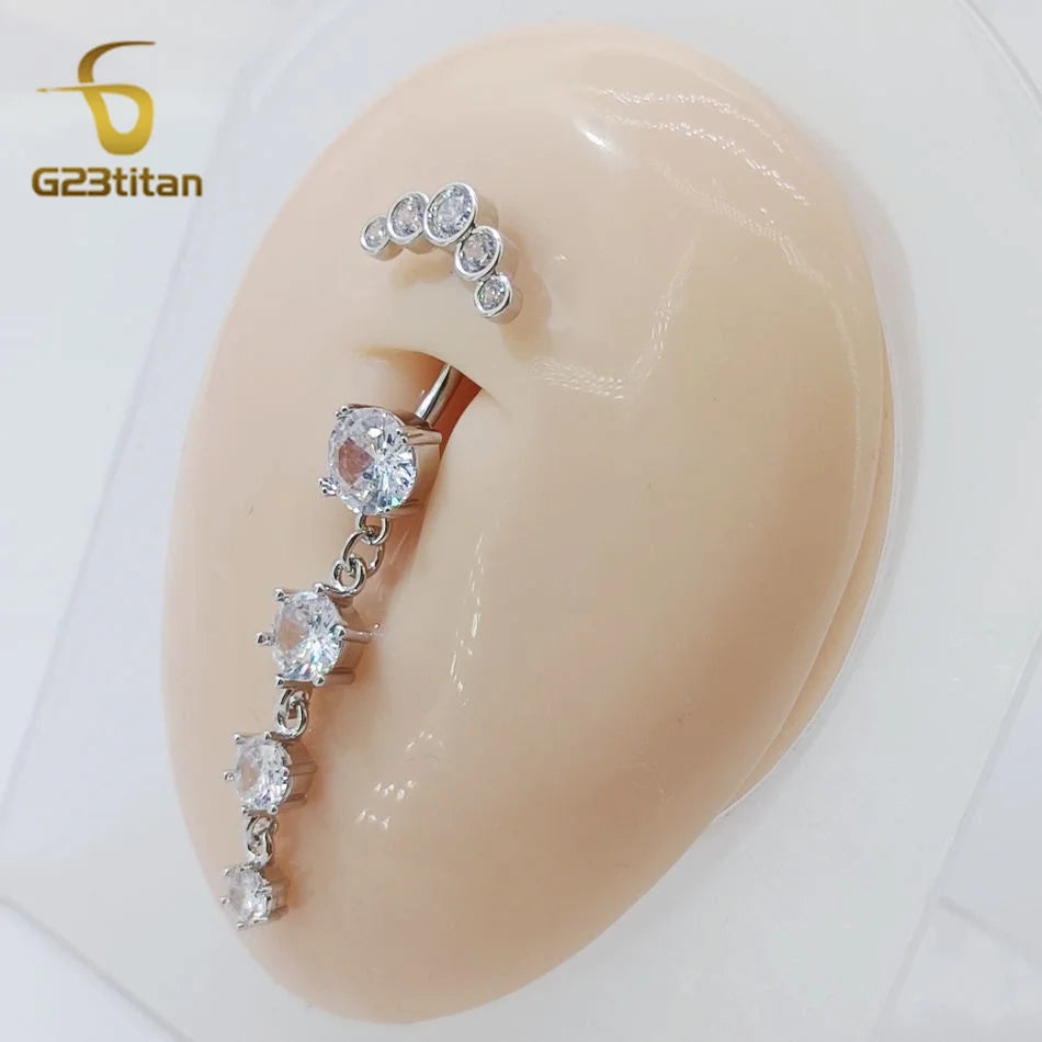 G23titan Long Zircon Pendant Dangle Belly Button Ring Surgical Titanium Navel Piercing Curved Barbell Anti allergic Body Jewelry Badiee Stylez