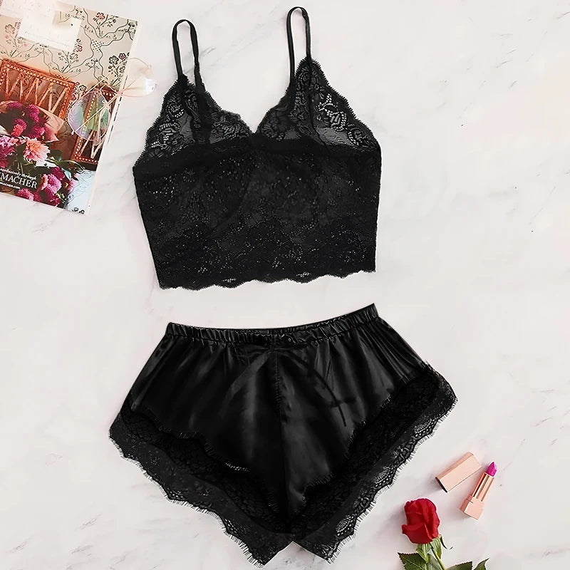 2025 Summer 2 Pcs Women's New Sexy Lace See-Through Pajamas Black Pink Cute Clothes Comfortable Breathable Suspender Shorts Set black