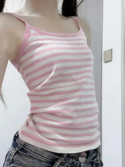 Summer Pink Ropa Mujer Crop Tops Women Clothing Kawaii Sexy 2024 Y2k Tanks Fashion Striped Sweet Vest Slim Fit Sleeveless Camis