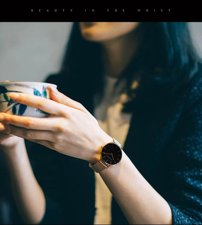 HANNAH MARTIN Brand Classic Women Quartz Watch 36mm Rose Gold Stainless Steel Mesh Strap Japanese Movement Girl Gift Wrist Watch