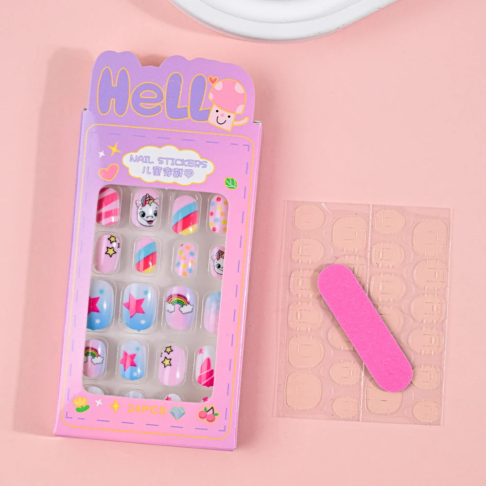 24Pcs Children Cartoon Nail Tips Colorful Cute Rabbit Pink Stars 6-14 Years old Girl Fake Nail With Jelly Glue Kids False Nail TC0017-2