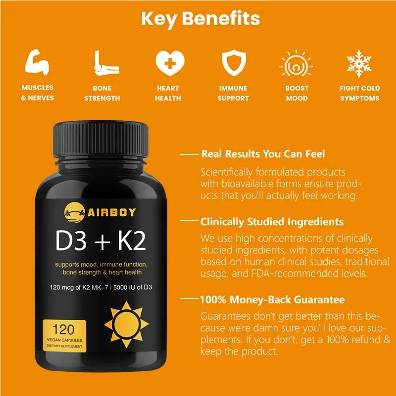 Vitamin D3+K2 Capsules - for Regulate Calcium Metabolism Bone & Heart & Immunity System HealthSupplements
