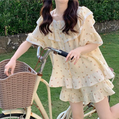 Summer New Women's Princess Style Sweet Pajamas Homewear Set Girls Lace Small Floral Summer Short-Sleeved Shorts Loose Pajamas