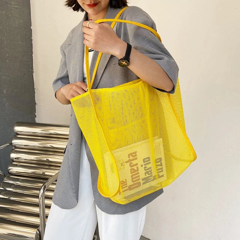 Summer Fashion Mesh Handbag Totes Hollow Out Shoulder Bags For Women Female Casual Fashion Large Capacity Shopping Pack