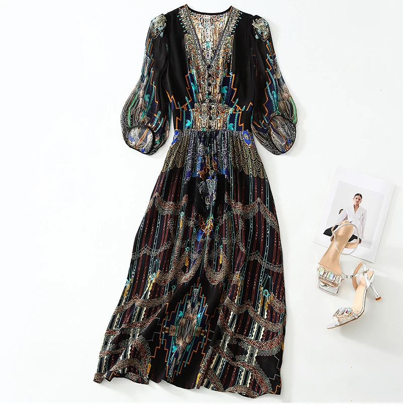 2025 Summer Bohemian Dresses For Women Elegant V-neck High Waist Women's Print Black Dress A-line 100% Real Silk Long Midi Dress Badiee Stylez