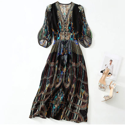 2025 Summer Bohemian Dresses For Women Elegant V-neck High Waist Women's Print Black Dress A-line 100% Real Silk Long Midi Dress Badiee Stylez