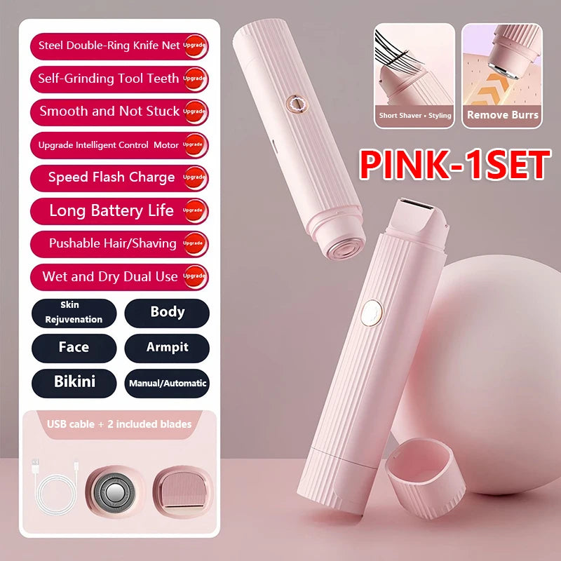 2025 New 2in1 Electric Razor for Women Painless Hair Removal Rechargeable Body Trimmer Underarm Mustache Epilator Shaver PINK-1SET