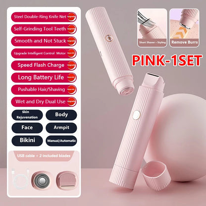 2025 New 2in1 Electric Razor for Women Painless Hair Removal Rechargeable Body Trimmer Underarm Mustache Epilator Shaver PINK-1SET