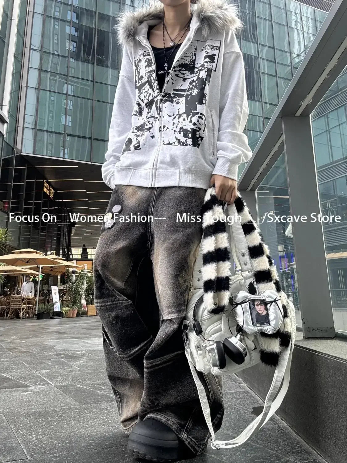 Korean Fashion Sweatshirts Harajuku Gothic Printed Coats Jackets Subculture Vintage Faux Fur Hooded Women Casual Y2k Clothing