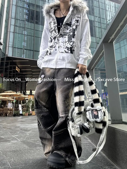 Korean Fashion Sweatshirts Harajuku Gothic Printed Coats Jackets Subculture Vintage Faux Fur Hooded Women Casual Y2k Clothing