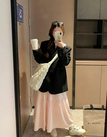 Pink midi skirt for women in spring and autumn summer 2025new high waist slimming A-line long skirt, small and fluffy cake skirt