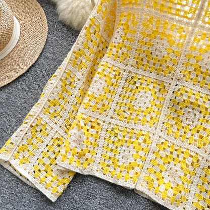 SINGREINY Vintage Boho Loose Plaid Cardigans Female Long Sleeves Hook Flower Hollow Tops 2025 Vacation Sunscreen Casual Shirt Badiee Stylez